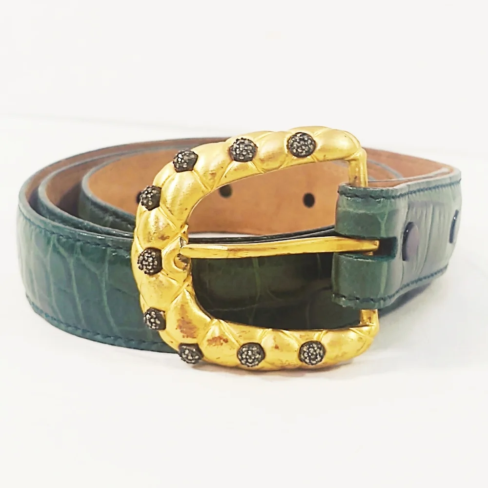 Vintage Judith Jack Green Alligator Belt/Gold & Marcasite Buckle- Small